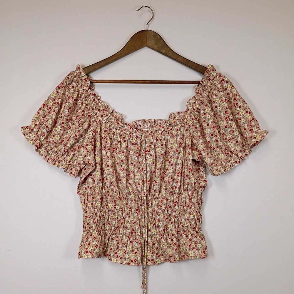 Cottagecore Papaya Womens Large Pink Floral‎ Smocked Puff Sleeve Blouse ERT7156P